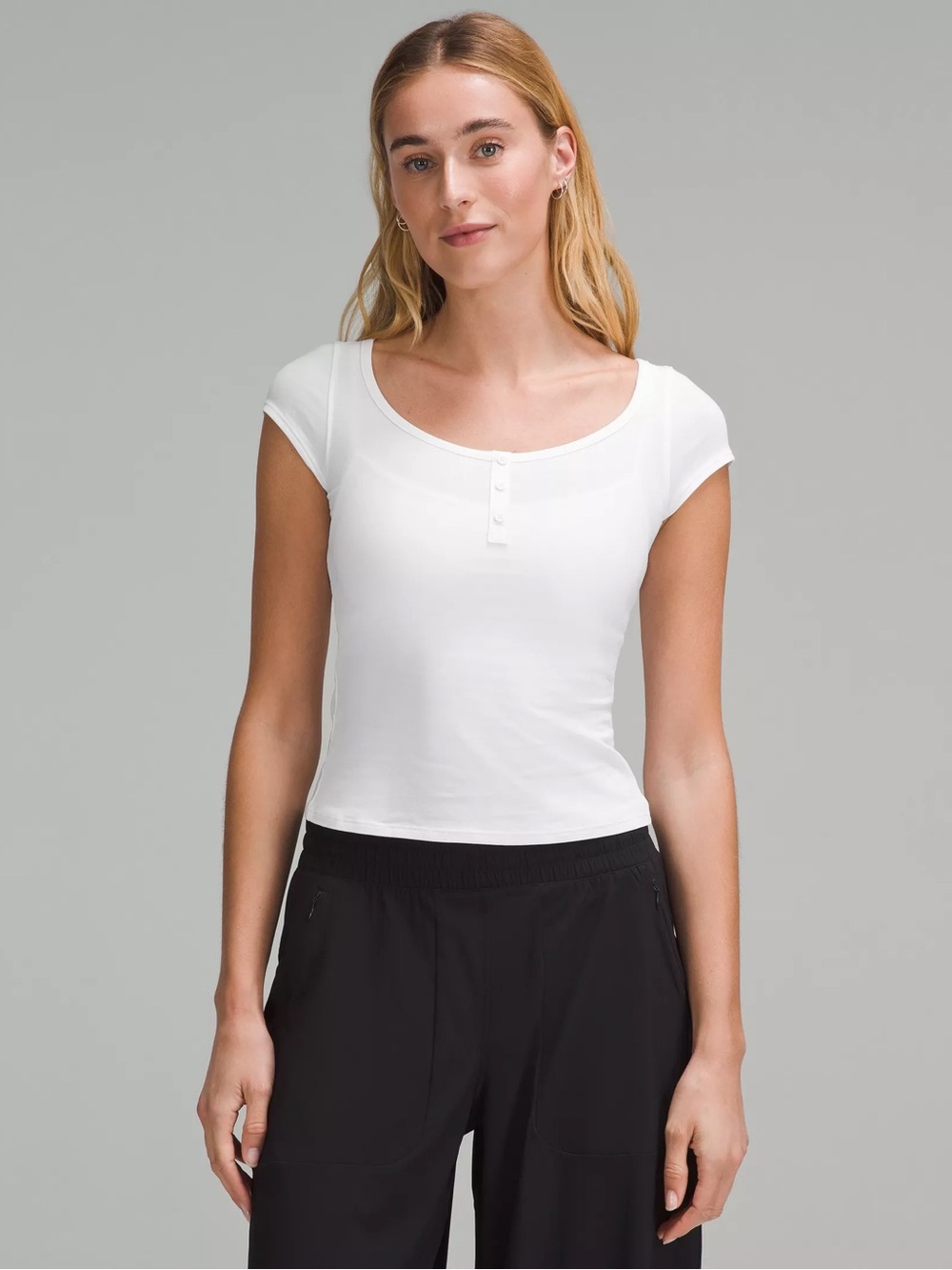 Lululemon Women's White Short Sleeve Scoop Neck Henley Top